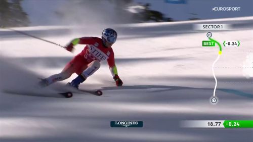 Marco odermatt primo nella prima manche del gigante di palisades tahoe. rivivi la sua discesa